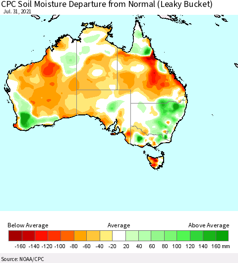 Australia CPC Soil Moisture Departure from Normal (Leaky Bucket) Thematic Map For 7/26/2021 - 7/31/2021