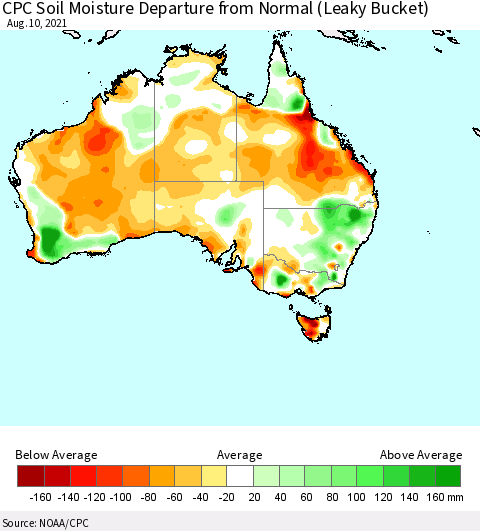 Australia CPC Soil Moisture Departure from Normal (Leaky Bucket) Thematic Map For 8/6/2021 - 8/10/2021