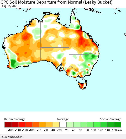 Australia CPC Soil Moisture Departure from Normal (Leaky Bucket) Thematic Map For 8/11/2021 - 8/15/2021