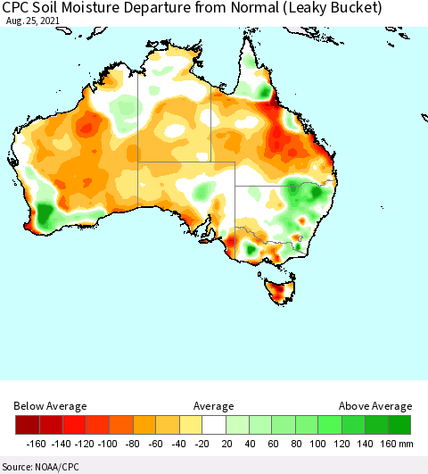 Australia CPC Soil Moisture Departure from Normal (Leaky Bucket) Thematic Map For 8/21/2021 - 8/25/2021