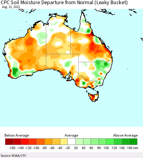 Australia CPC Soil Moisture Departure from Normal (Leaky Bucket) Thematic Map For 8/26/2021 - 8/31/2021