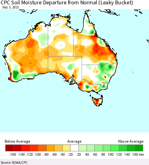 Australia CPC Soil Moisture Departure from Normal (Leaky Bucket) Thematic Map For 9/1/2021 - 9/5/2021