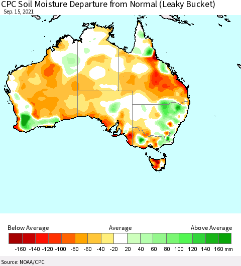 Australia CPC Soil Moisture Departure from Normal (Leaky Bucket) Thematic Map For 9/11/2021 - 9/15/2021