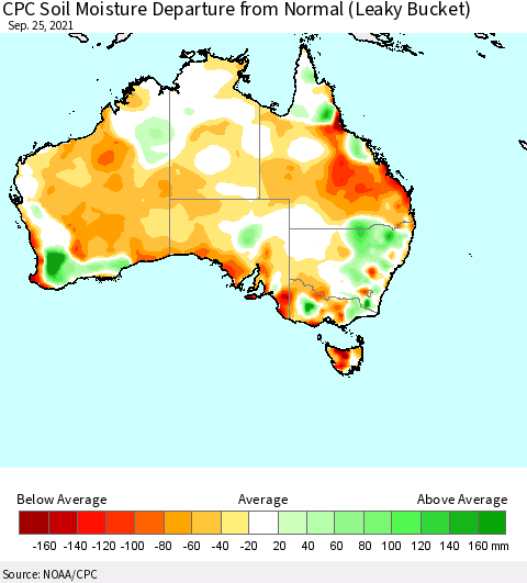 Australia CPC Soil Moisture Departure from Normal (Leaky Bucket) Thematic Map For 9/21/2021 - 9/25/2021