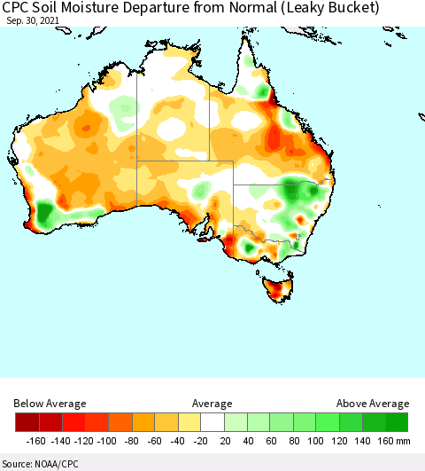 Australia CPC Soil Moisture Departure from Normal (Leaky Bucket) Thematic Map For 9/26/2021 - 9/30/2021
