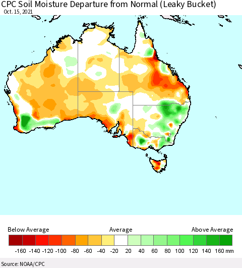 Australia CPC Soil Moisture Departure from Normal (Leaky Bucket) Thematic Map For 10/11/2021 - 10/15/2021