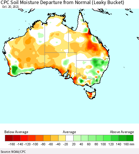 Australia CPC Soil Moisture Departure from Normal (Leaky Bucket) Thematic Map For 10/16/2021 - 10/20/2021