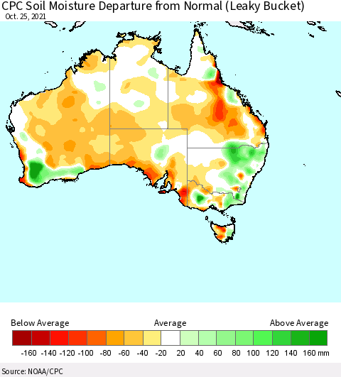 Australia CPC Soil Moisture Departure from Normal (Leaky Bucket) Thematic Map For 10/21/2021 - 10/25/2021