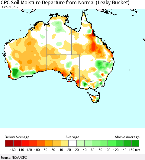 Australia CPC Soil Moisture Departure from Normal (Leaky Bucket) Thematic Map For 10/26/2021 - 10/31/2021