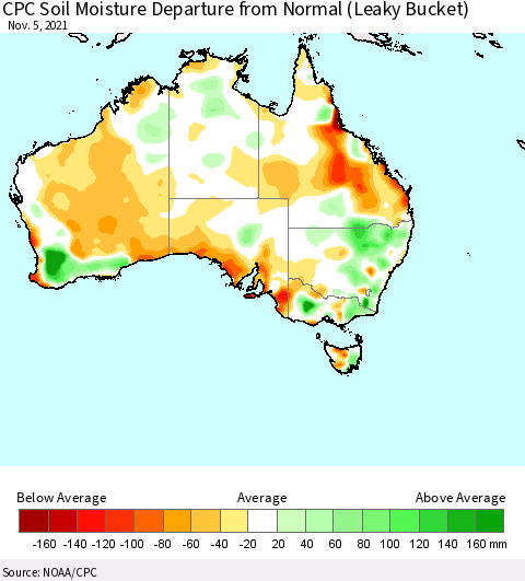 Australia CPC Soil Moisture Departure from Normal (Leaky Bucket) Thematic Map For 11/1/2021 - 11/5/2021