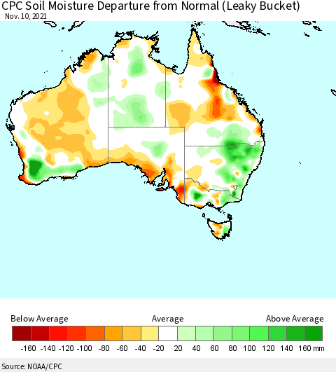 Australia CPC Soil Moisture Departure from Normal (Leaky Bucket) Thematic Map For 11/6/2021 - 11/10/2021