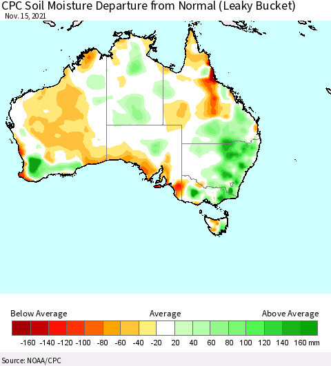 Australia CPC Soil Moisture Departure from Normal (Leaky Bucket) Thematic Map For 11/11/2021 - 11/15/2021