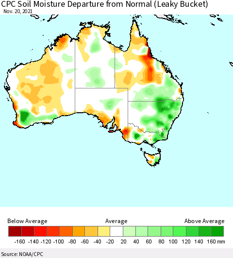 Australia CPC Soil Moisture Departure from Normal (Leaky Bucket) Thematic Map For 11/16/2021 - 11/20/2021