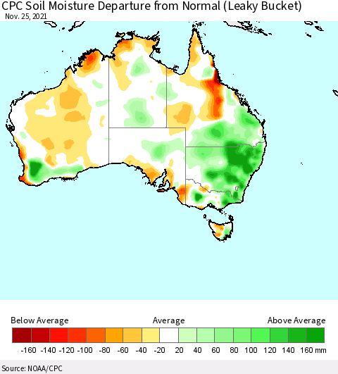 Australia CPC Soil Moisture Departure from Normal (Leaky Bucket) Thematic Map For 11/21/2021 - 11/25/2021