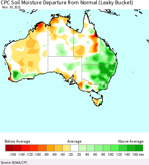 Australia CPC Soil Moisture Departure from Normal (Leaky Bucket) Thematic Map For 11/26/2021 - 11/30/2021