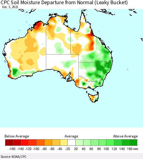 Australia CPC Soil Moisture Departure from Normal (Leaky Bucket) Thematic Map For 12/1/2021 - 12/5/2021
