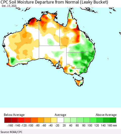 Australia CPC Soil Moisture Departure from Normal (Leaky Bucket) Thematic Map For 12/11/2021 - 12/15/2021