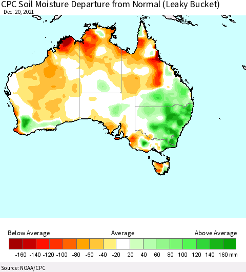 Australia CPC Soil Moisture Departure from Normal (Leaky Bucket) Thematic Map For 12/16/2021 - 12/20/2021