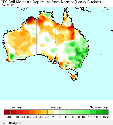 Australia CPC Soil Moisture Departure from Normal (Leaky Bucket) Thematic Map For 12/21/2021 - 12/25/2021