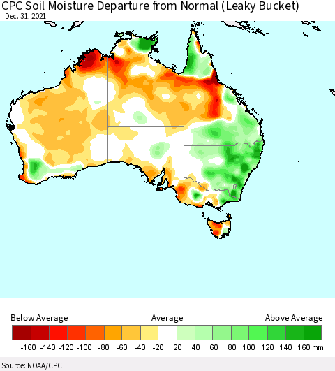 Australia CPC Soil Moisture Departure from Normal (Leaky Bucket) Thematic Map For 12/26/2021 - 12/31/2021
