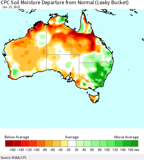 Australia CPC Soil Moisture Departure from Normal (Leaky Bucket) Thematic Map For 1/11/2022 - 1/15/2022