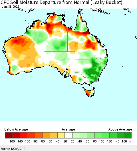 Australia CPC Soil Moisture Departure from Normal (Leaky Bucket) Thematic Map For 1/26/2022 - 1/31/2022