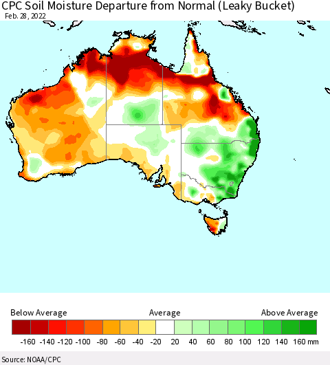 Australia CPC Soil Moisture Departure from Normal (Leaky Bucket) Thematic Map For 2/26/2022 - 2/28/2022