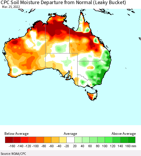 Australia CPC Soil Moisture Departure from Normal (Leaky Bucket) Thematic Map For 3/21/2022 - 3/25/2022