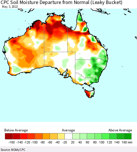 Australia CPC Soil Moisture Departure from Normal (Leaky Bucket) Thematic Map For 5/1/2022 - 5/5/2022