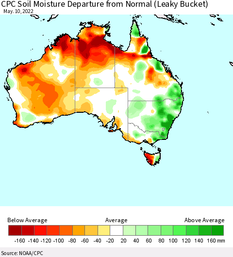 Australia CPC Soil Moisture Departure from Normal (Leaky Bucket) Thematic Map For 5/6/2022 - 5/10/2022