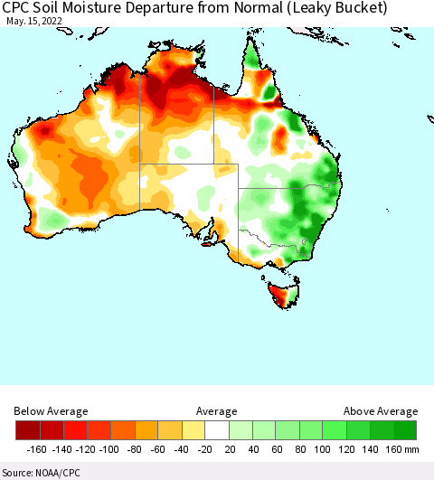 Australia CPC Soil Moisture Departure from Normal (Leaky Bucket) Thematic Map For 5/11/2022 - 5/15/2022