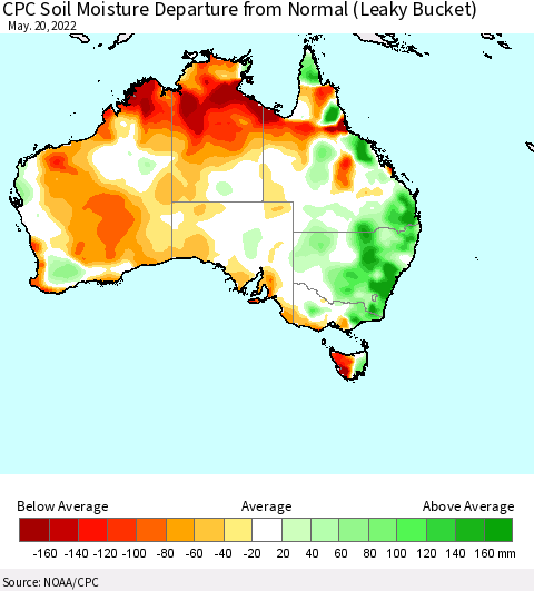 Australia CPC Soil Moisture Departure from Normal (Leaky Bucket) Thematic Map For 5/16/2022 - 5/20/2022