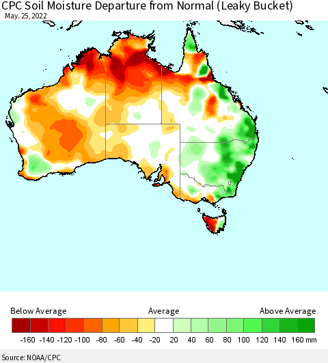 Australia CPC Soil Moisture Departure from Normal (Leaky Bucket) Thematic Map For 5/21/2022 - 5/25/2022