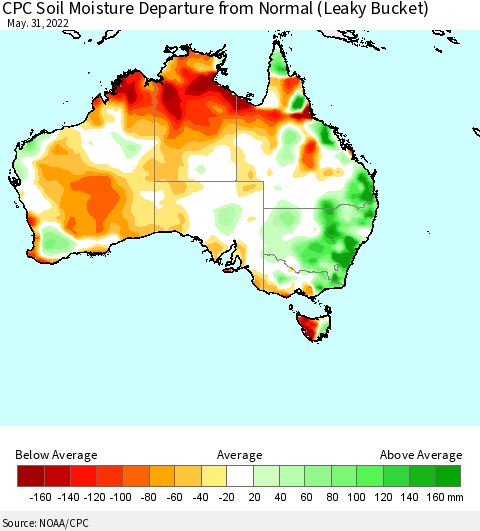 Australia CPC Soil Moisture Departure from Normal (Leaky Bucket) Thematic Map For 5/26/2022 - 5/31/2022