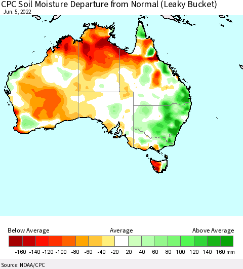 Australia CPC Soil Moisture Departure from Normal (Leaky Bucket) Thematic Map For 6/1/2022 - 6/5/2022