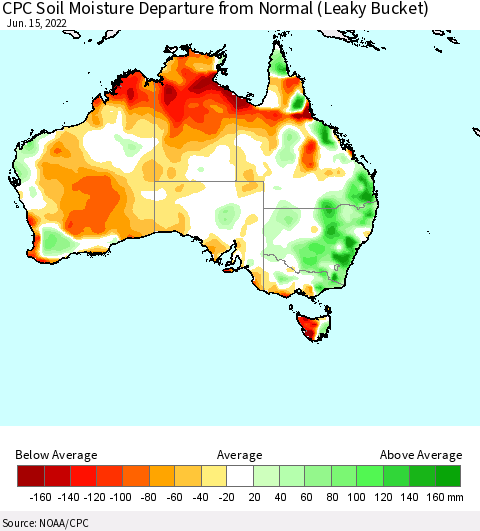 Australia CPC Soil Moisture Departure from Normal (Leaky Bucket) Thematic Map For 6/11/2022 - 6/15/2022