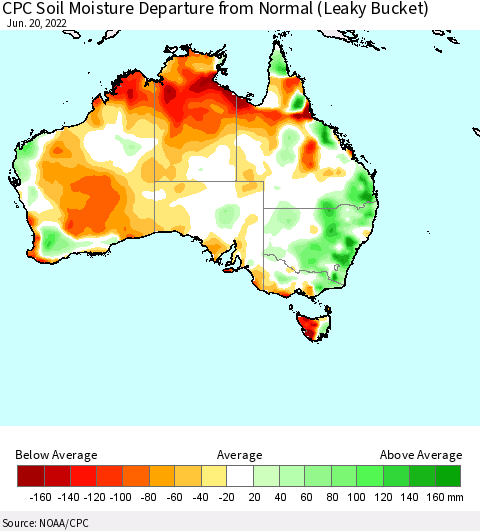 Australia CPC Soil Moisture Departure from Normal (Leaky Bucket) Thematic Map For 6/16/2022 - 6/20/2022
