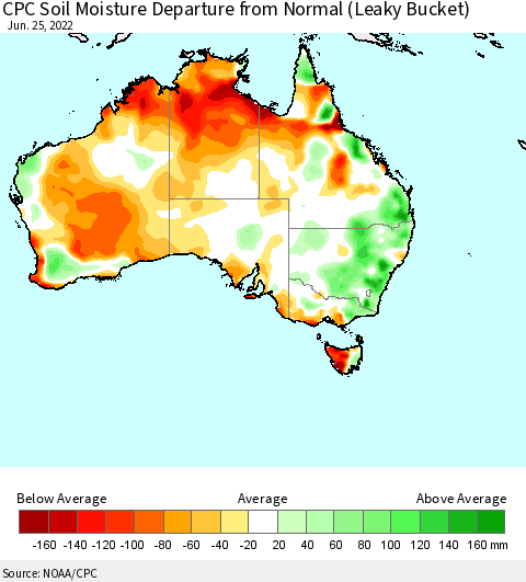 Australia CPC Soil Moisture Departure from Normal (Leaky Bucket) Thematic Map For 6/21/2022 - 6/25/2022