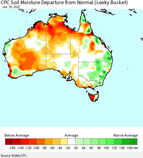 Australia CPC Soil Moisture Departure from Normal (Leaky Bucket) Thematic Map For 6/26/2022 - 6/30/2022