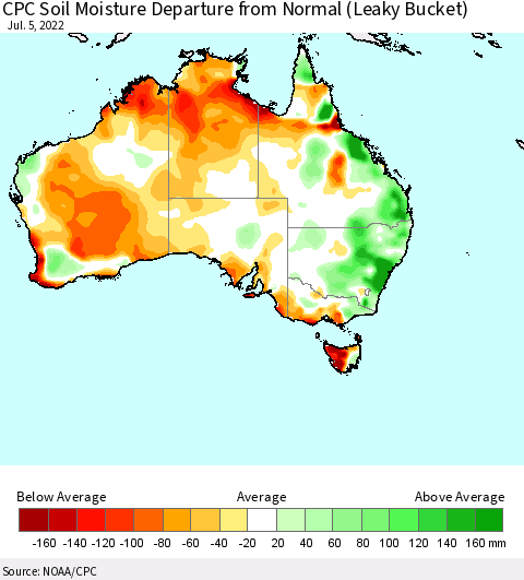Australia CPC Soil Moisture Departure from Normal (Leaky Bucket) Thematic Map For 7/1/2022 - 7/5/2022