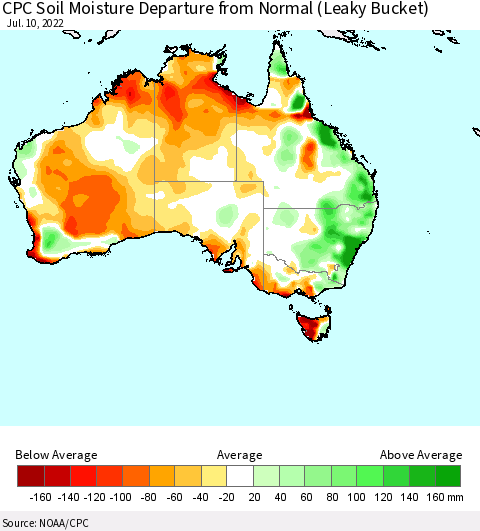 Australia CPC Soil Moisture Departure from Normal (Leaky Bucket) Thematic Map For 7/6/2022 - 7/10/2022