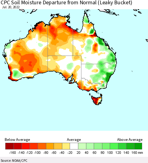 Australia CPC Soil Moisture Departure from Normal (Leaky Bucket) Thematic Map For 7/16/2022 - 7/20/2022