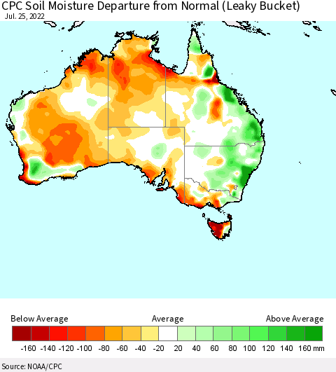 Australia CPC Soil Moisture Departure from Normal (Leaky Bucket) Thematic Map For 7/21/2022 - 7/25/2022