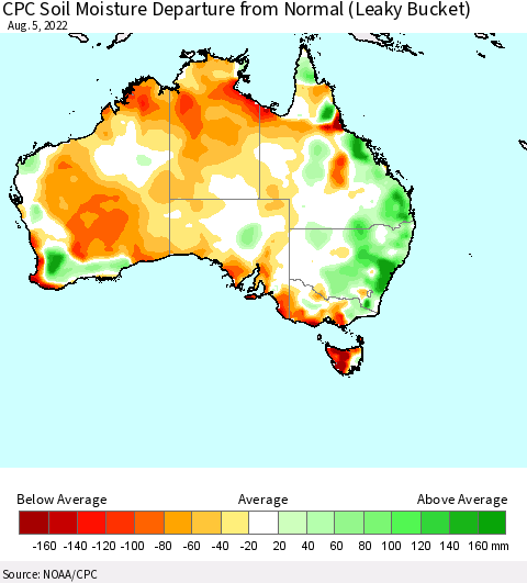 Australia CPC Soil Moisture Departure from Normal (Leaky Bucket) Thematic Map For 8/1/2022 - 8/5/2022