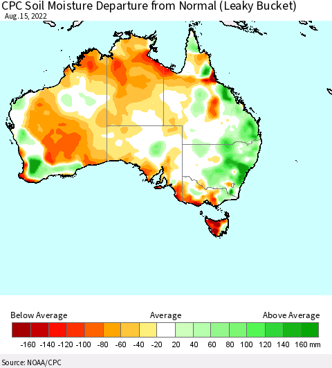 Australia CPC Soil Moisture Departure from Normal (Leaky Bucket) Thematic Map For 8/11/2022 - 8/15/2022