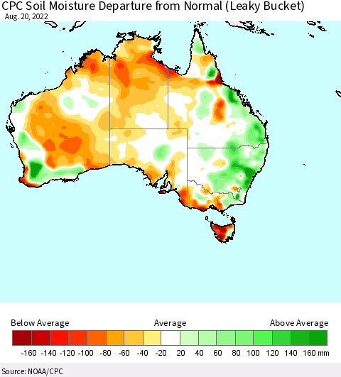 Australia CPC Soil Moisture Departure from Normal (Leaky Bucket) Thematic Map For 8/16/2022 - 8/20/2022