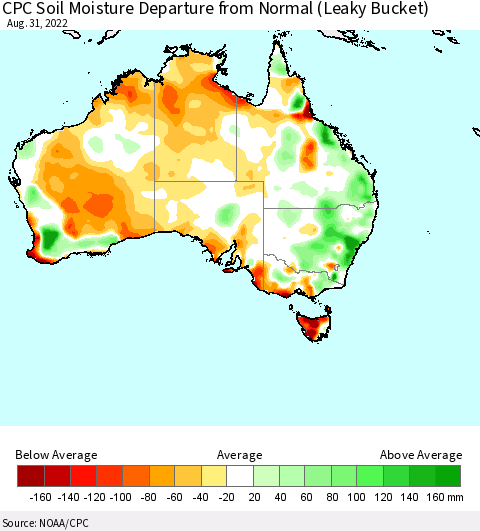 Australia CPC Soil Moisture Departure from Normal (Leaky Bucket) Thematic Map For 8/26/2022 - 8/31/2022