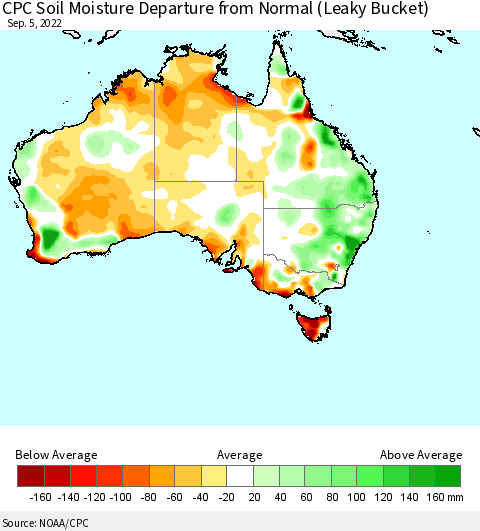 Australia CPC Soil Moisture Departure from Normal (Leaky Bucket) Thematic Map For 9/1/2022 - 9/5/2022