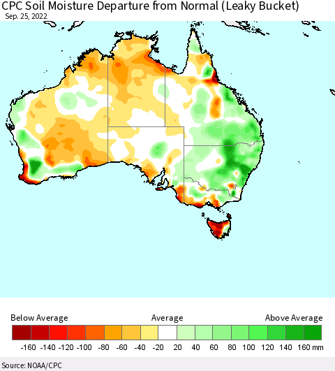 Australia CPC Soil Moisture Departure from Normal (Leaky Bucket) Thematic Map For 9/21/2022 - 9/25/2022