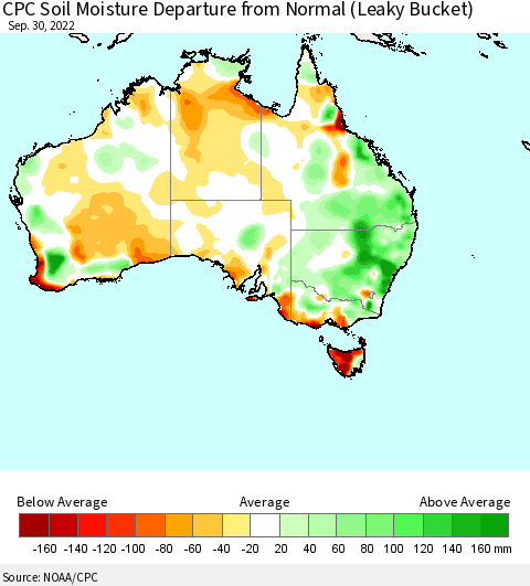 Australia CPC Soil Moisture Departure from Normal (Leaky Bucket) Thematic Map For 9/26/2022 - 9/30/2022